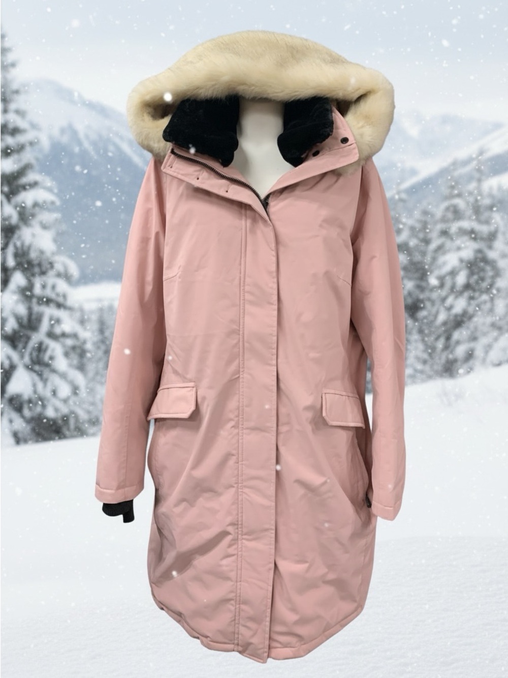 Women's Blush Pink Ski Parka with Faux Fur Hood